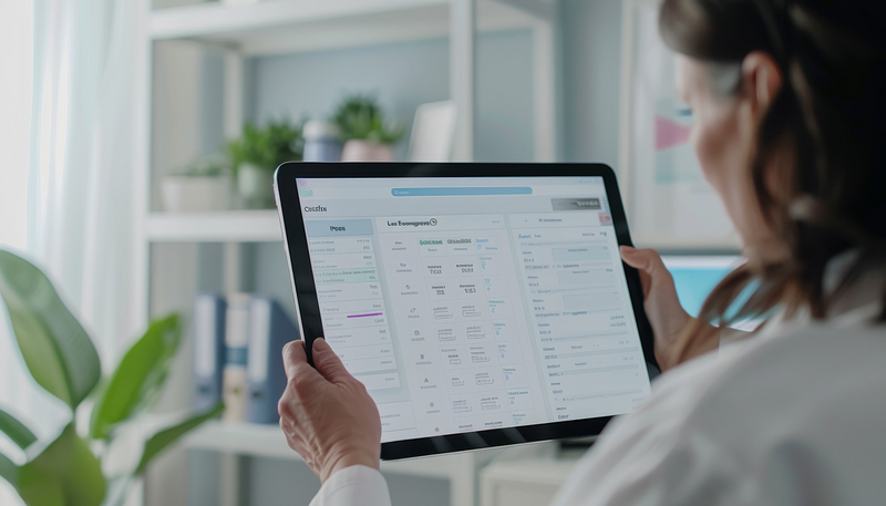 Clinician reviewing ABA practice management software on a digital tablet in a therapy office.